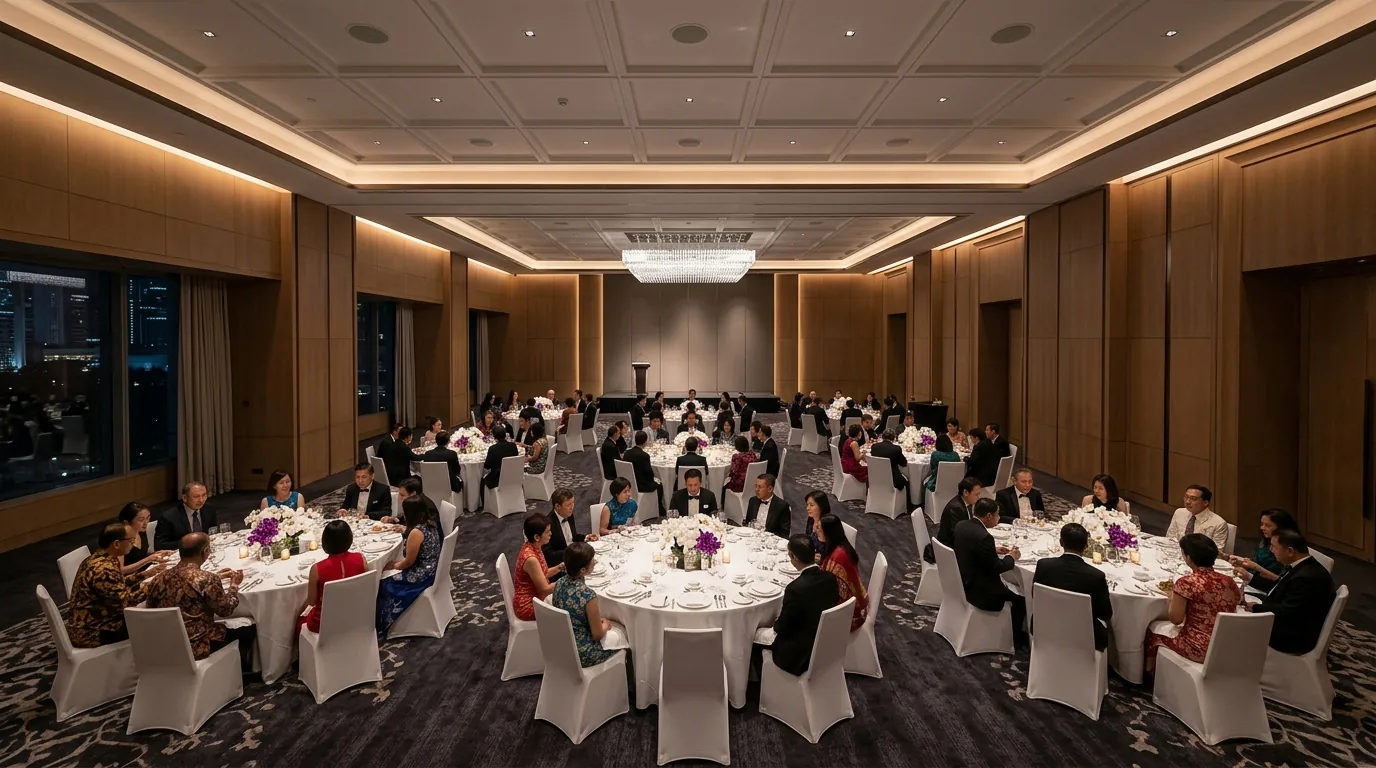 Hotel ballroom in Singapore set for a gala dinner, round tables of guests beneath ceiling speakers