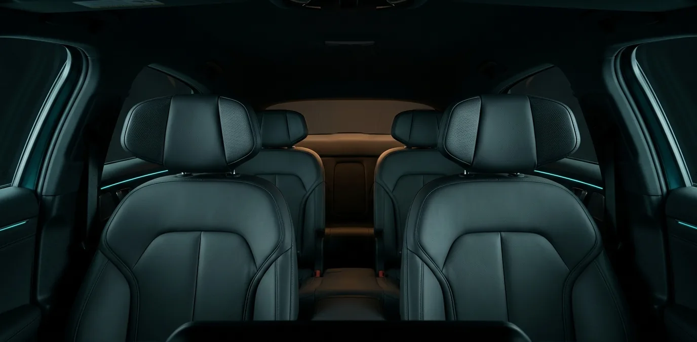 Car cabin at night seen from the dashboard, four seats with perforated speaker panels in each headrest